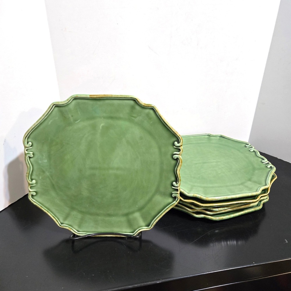 Set 6 Baum Bros Dinner Plates / platter Antique Collection Scalloped Green 10.5"
